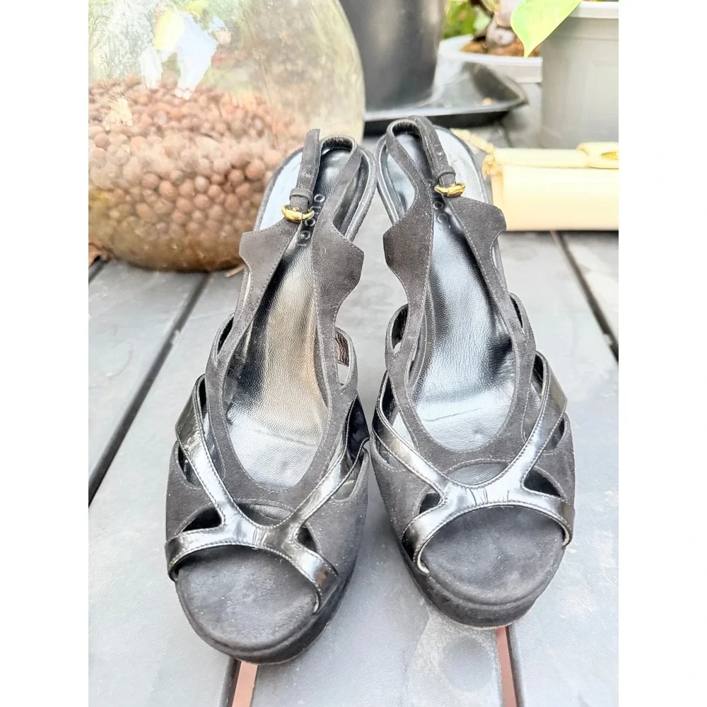 Gucci Black Suede Patent Leather Platform Slingback Stiletto Heels Sandals 36